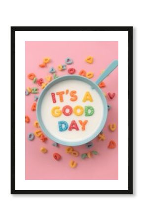 Bright and uplifting breakfast concept featuring colorful alphabet cereal letters arranged in a bowl of milk to spell an inspiring positive message, presented on a vibrant pink backdrop for cheerful v