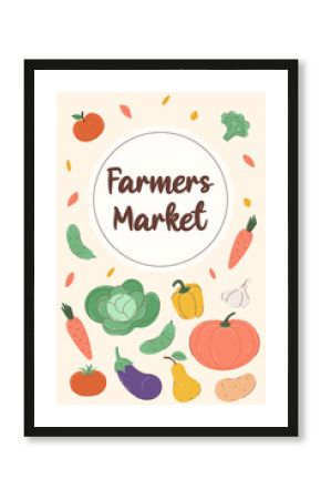 Vertical poster for farmers market. Pattern of seasonal vegetables and inscription in round frame. Banner, flyer, or postcard for harvest festival on beige background in flat style. Autumn and
