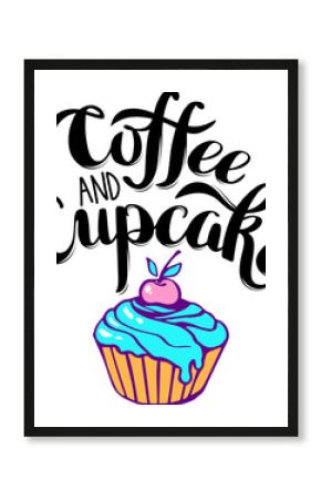 Cupcake and coffee lettering logo. Calligraphic text with dessert cake icon. Bakery label vector illustration