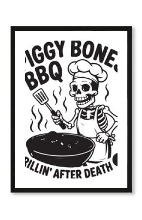 Chef with spatula grilling in a pan with steam and text cooking barbecue