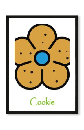 Simple cartoon flower shaped cookie with blue center and black dots on white background with green text