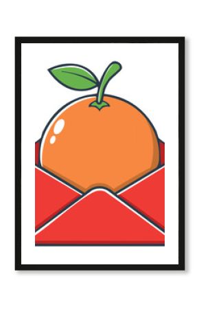A bright cartoon orange with leaf in a vibrant red envelope illustration.