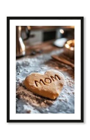 Heart shaped cookie dough with mom lettering for mother's day baking