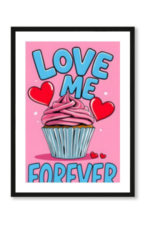 Valentines cupcake with red heart near love me forever lettering on pink background isolated with white highlights, png