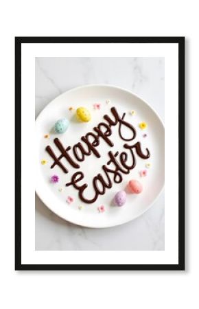 Colorful easter greeting with chocolate script and decorated eggs