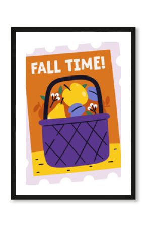 Fall Time Postage Stamp With Wicker Basket Of Fruits