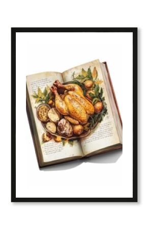 Roasted chicken, vegetables, antique book, recipe.