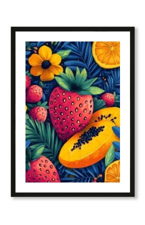 A vibrant poster with exaggerated, hand-drawn elements like oversized fruits, flowers, and abstract patterns. The colors are bold, and the design is chaotic.