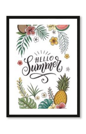 Hello summer hand drawn calligraphy lettering and tropical design elements set. Vector sketch illustration