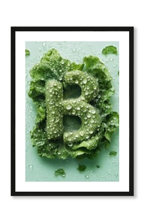 Fresh green lettuce forming letter B with water droplets on mint background.