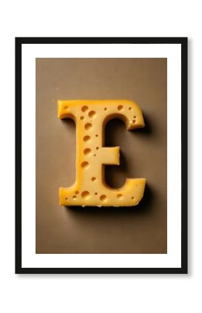 A letter E shaped from Swiss cheese, on a brown background.  Perfect for food blogs, educational materials, or creative projects.