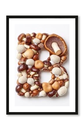 Arrangement of food in Vitamin shape concept. Mushroom arrangement forming the letter B on a white background