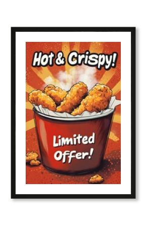 Delicious crispy chicken tenders in a red bucket, limited time offer, retro style illustration.