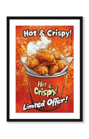 Hot and crispy chicken nuggets in a red bucket. Limited time offer.  Comic book style illustration.