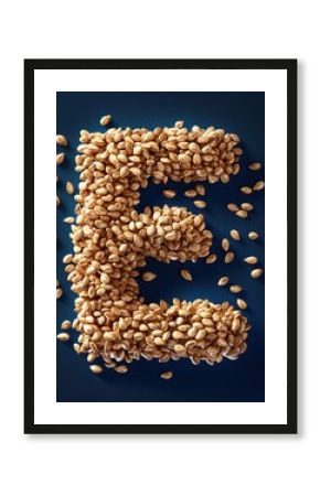 Arrangement of food in Vitamin shape concept. Peanut-shaped letter E made from scattered roasted peanuts on dark background