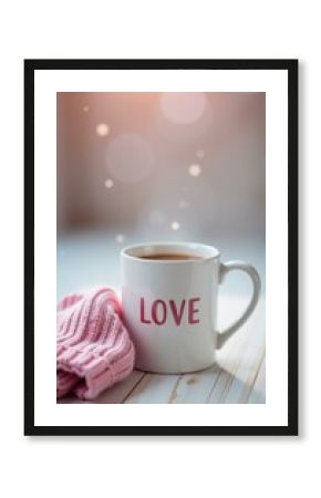 Steaming cup of coffee with love inscription next to a pink knitted scarf on a white wooden table with bokeh lights creating a warm, romantic atmosphere, concept of love