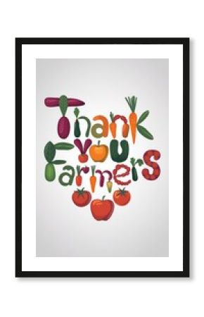 Vector illustration of cartoon tekst "Thank you Farmers"made of fruit and vegetables , white background Generative AI