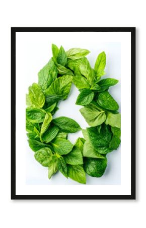 Fresh mint leaves arranged as a letter 'O' on white background  healthy food, recipe, or nature concept