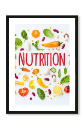 Creative food lettering of NUTRITION with colorful vegetables and fruits