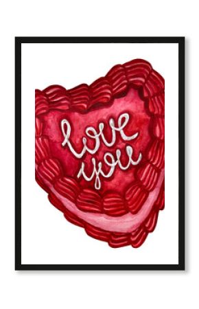 Watercolor illustration delightful red heart shaped cake with the inscription i love you. Perfect for celebrations and special occasions. Valentines Concept.