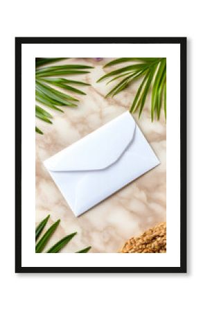 Envelope rests on marbled surface, surrounded by tropical foliage and flower