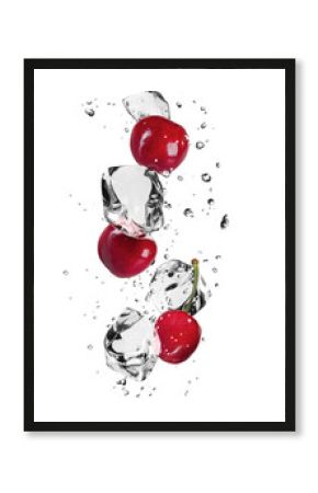 Fresh cherries with ice cubes, isolated on white background