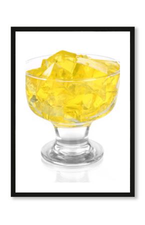 Tasty jelly cubes in bowl isolated on white