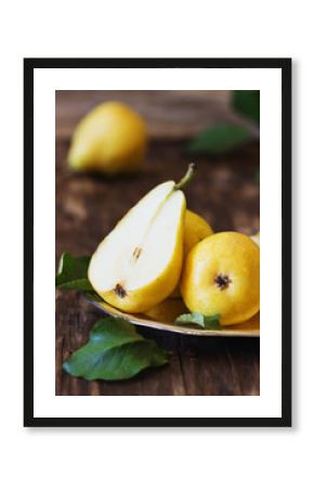 Organic ripe pear in vintage  plate