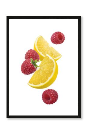 Lemon raspberry falling vertical composition isolated on white background