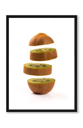 kiwi slices levitating on white background