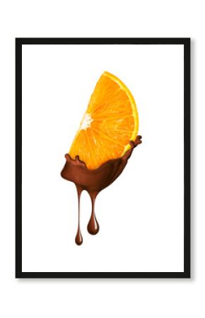 Slice of orange in liquid hot chocolate isolated on white background