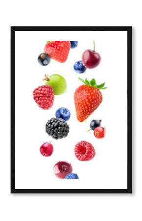 Isolated falling berries. Mixed fruits float in the air (blueberry, blackberry, raspberry, strawberry, gooseberry, cherry, black and red currants) isolated on white background with clipping path