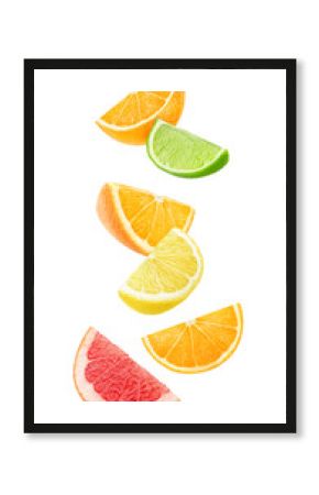 Isolated citrus fruits wedges. Floating pieces of orange, lemon, lime and grapefruit isolated on white background with clipping path