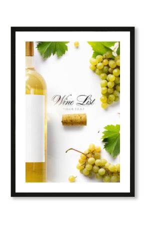 wine list background  sweet white grapes and wine bottle