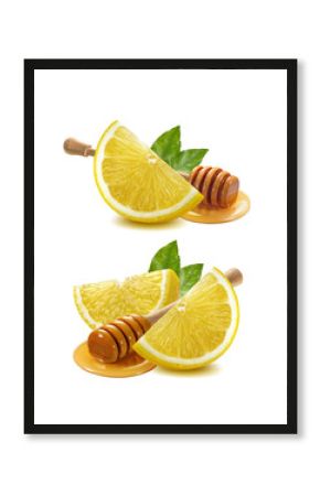 Lemon piece, honey dipper set isolated on white