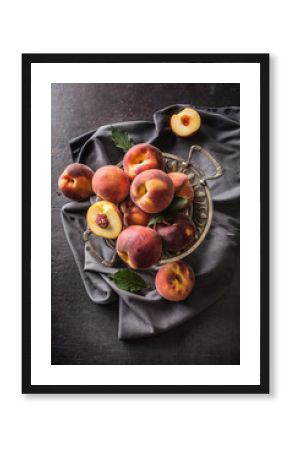 A group a ripe peaches in rustic bowl