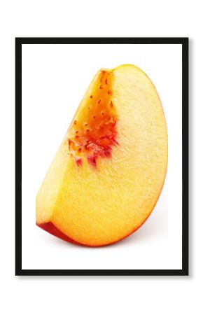 Slice of ripe peach fruit isolated on white background. Peach slice with clipping path. Full depth of field.