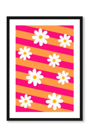 Flat daisy pattern is showing white daisies on pink-peach diagonal stripes, transparent background