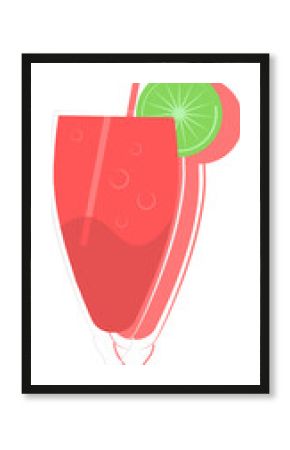 Displaying flat-design glass with red-pink fizz, white straw and lime garnish on transparent canvas
