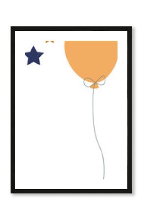 Flat design is showing peach-colored balloon with bow amid navy, mustard stars on clear backdrop