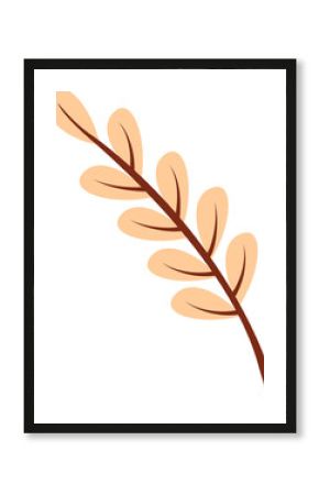 Flat vector art is showing abstract twig curving with peach oval leaves on transparent background