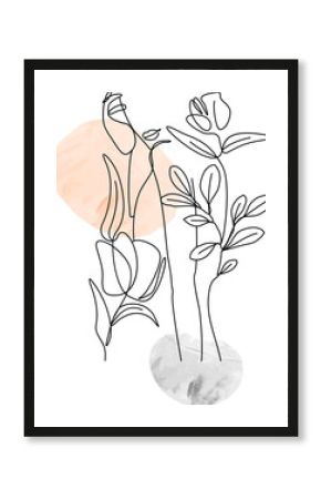Minimal botanical illustration is showing stems on peach gray paint strokes, transparent background