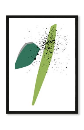 Two lime and forest green polygonal blades floating on transparent base showing black splatters
