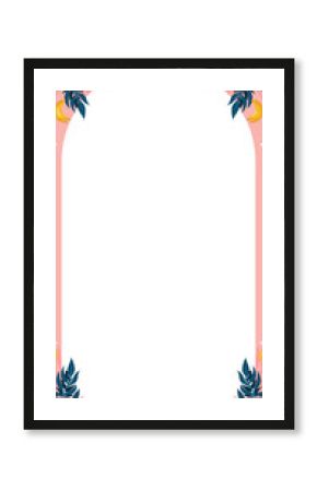 Tropical arch frame is appearing in flat design with pink border, banana foliage, dots, transparent