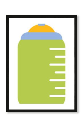 Flat baby bottle is floating on clear bg showing lime-green white lines blue collar yellow cap