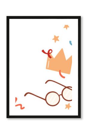 Clip-art showing peach crown, round glasses, stars, streamers floating on transparent background