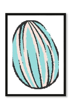 Striped egglike orb is appearing flat with teal peach black-outlined bands on transparent backdrop