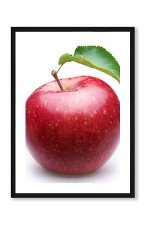 Ripe red apple with a leaf.