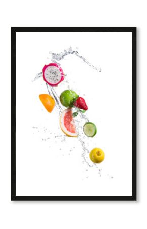 Pieces of exotic fruit in water splash