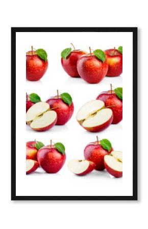 Set of ripe red apples with green leaves isolated
